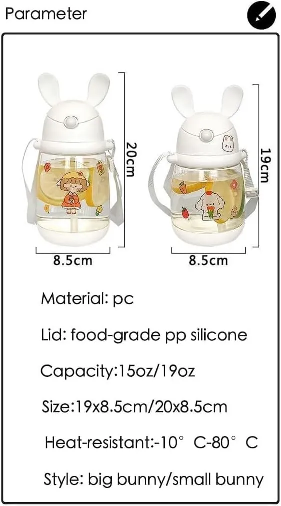 Water Bottle Kettle with Straw with Sticker Cute Rabbit Water Bottle School Sports Easy Open Leakproof Silicone Water Cup(White 3D Stickers,550ml)