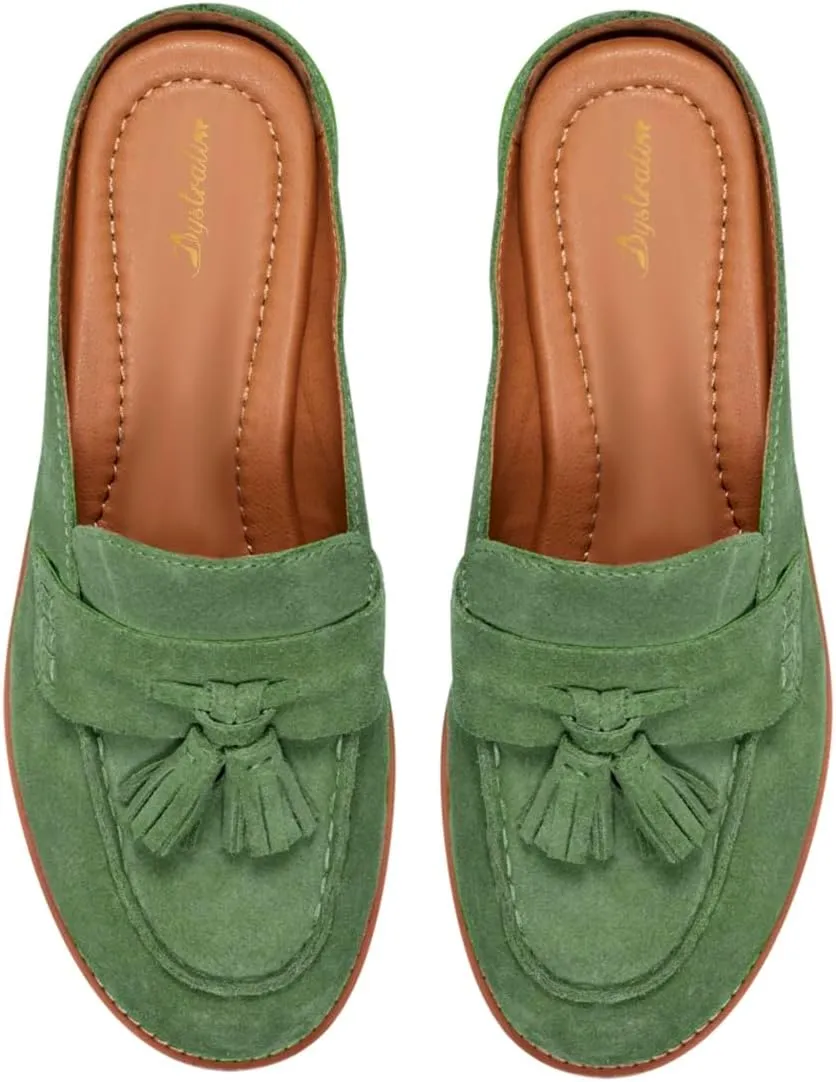 Women Flat Tassel Mules Closed Round Toe Slip On Fringe Loafers Backless 1 Inch Low Chunky Stacked Heeled Sandals Suede Metallic Slip-Ons Clogs Comfy Slide Slippers Daily Casual 4-11 M US