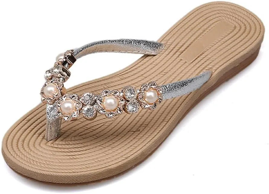 Women's Fashion Summer Flat Flip Flops Flower Pearls Casual Slippers Women Beach Open Toe Sandals Boho Slippers Flat Slides for Women