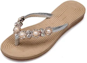 Women's Fashion Summer Flat Flip Flops Flower Pearls Casual Slippers Women Beach Open Toe Sandals Boho Slippers Flat Slides for Women