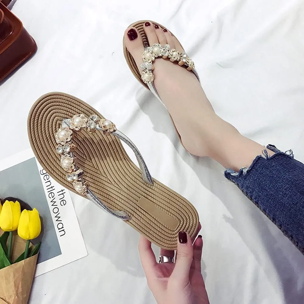 Women's Fashion Summer Flat Flip Flops Flower Pearls Casual Slippers Women Beach Open Toe Sandals Boho Slippers Flat Slides for Women