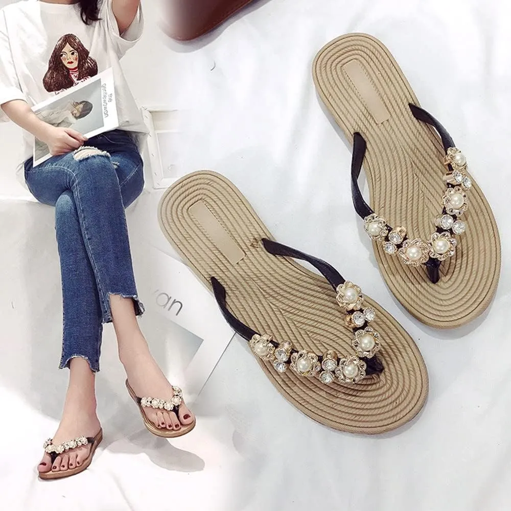 Women's Fashion Summer Flat Flip Flops Flower Pearls Casual Slippers Women Beach Open Toe Sandals Boho Slippers Flat Slides for Women