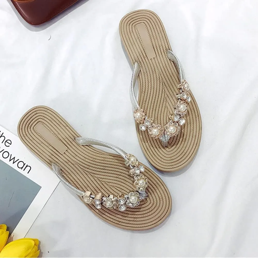 Women's Fashion Summer Flat Flip Flops Flower Pearls Casual Slippers Women Beach Open Toe Sandals Boho Slippers Flat Slides for Women