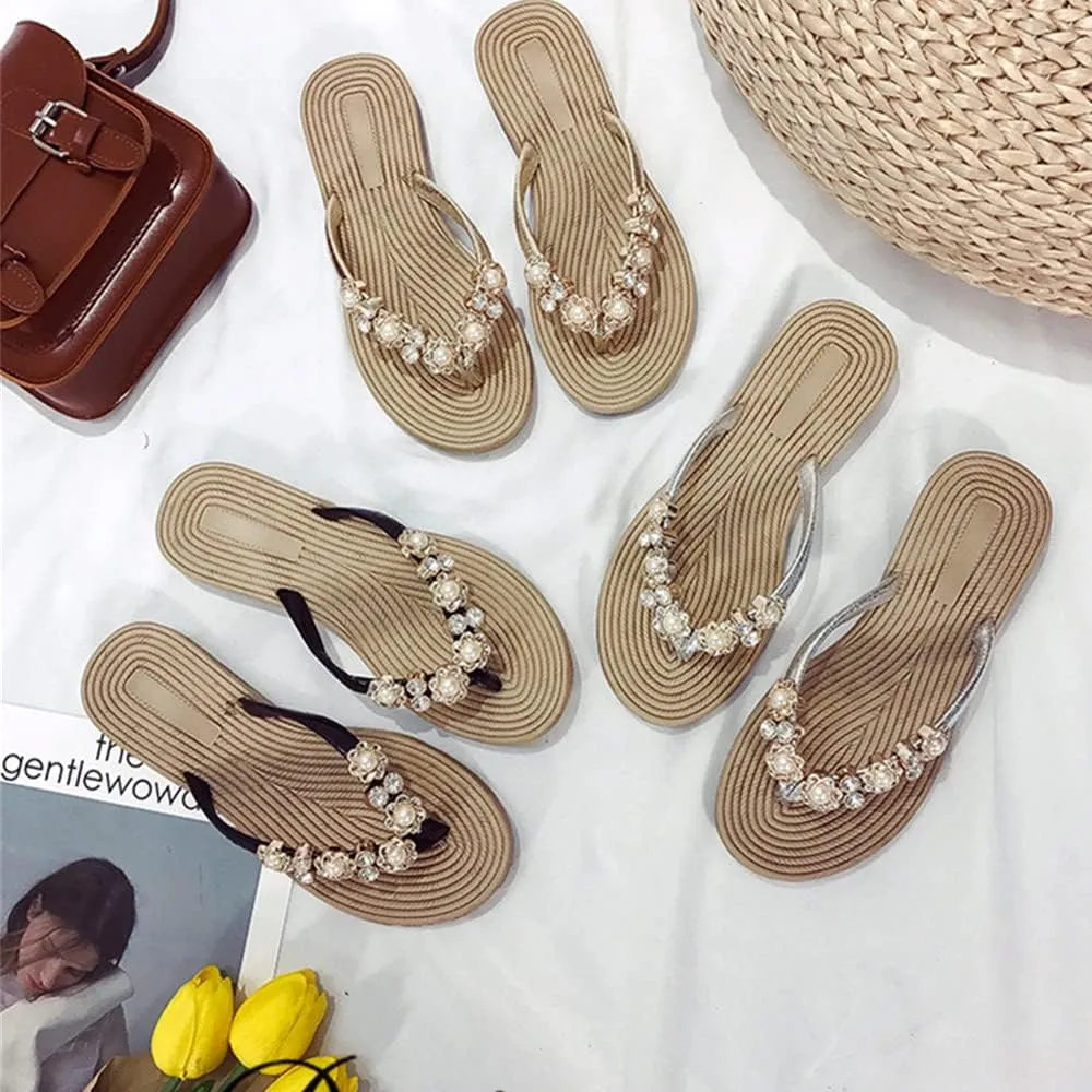 Women's Fashion Summer Flat Flip Flops Flower Pearls Casual Slippers Women Beach Open Toe Sandals Boho Slippers Flat Slides for Women