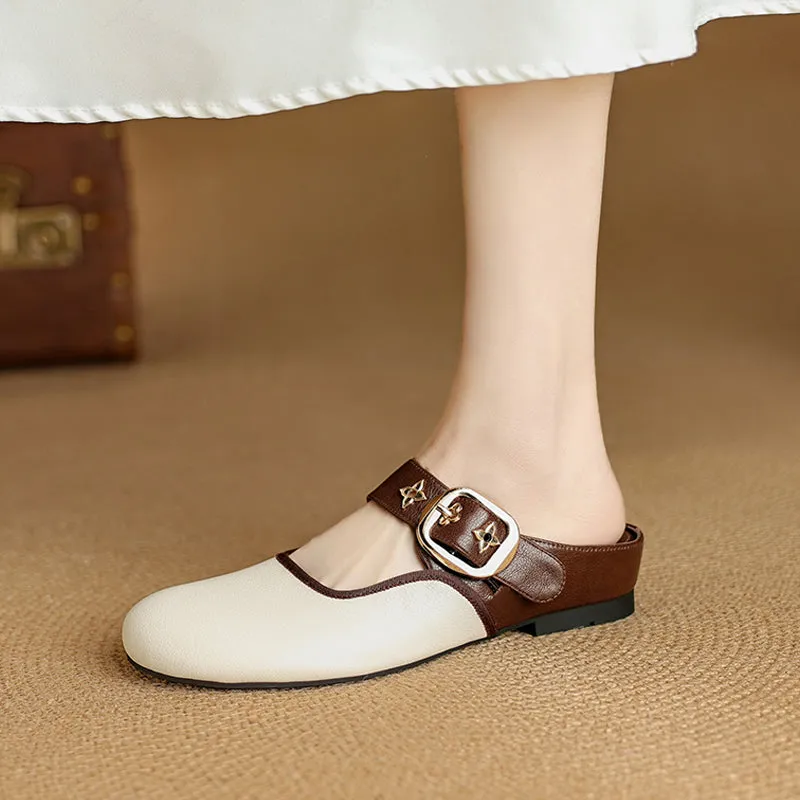 Women's Handmade Retro Leather Round Toe Comfortable Flat Mule Shoes