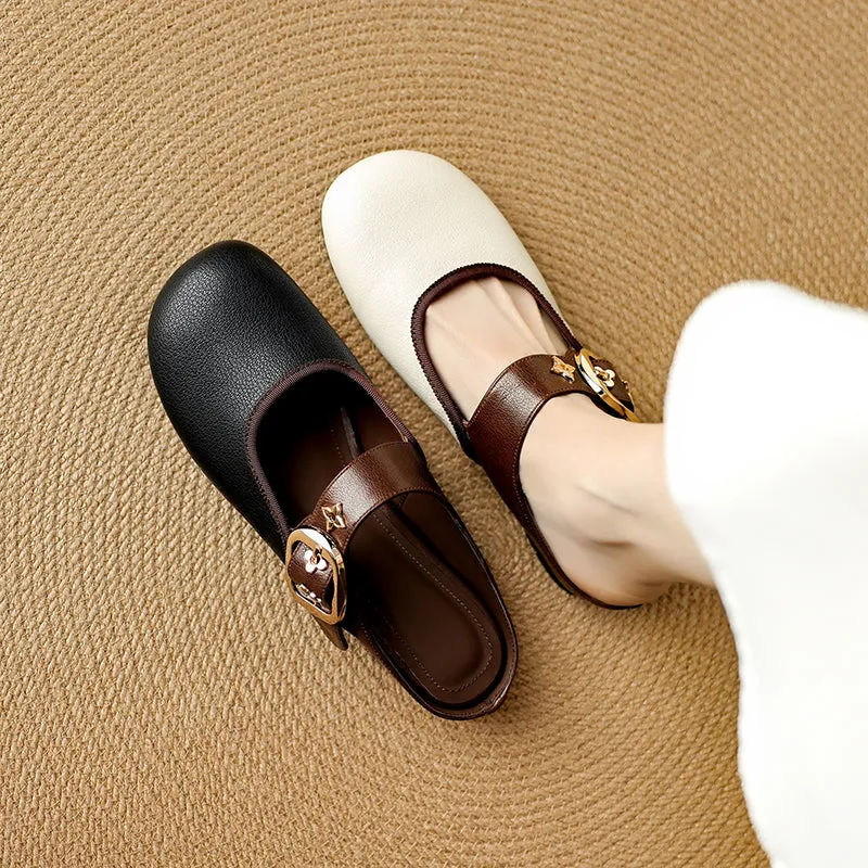 Women's Handmade Retro Leather Round Toe Comfortable Flat Mule Shoes