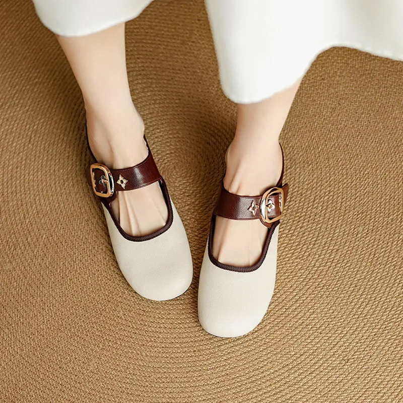 Women's Handmade Retro Leather Round Toe Comfortable Flat Mule Shoes