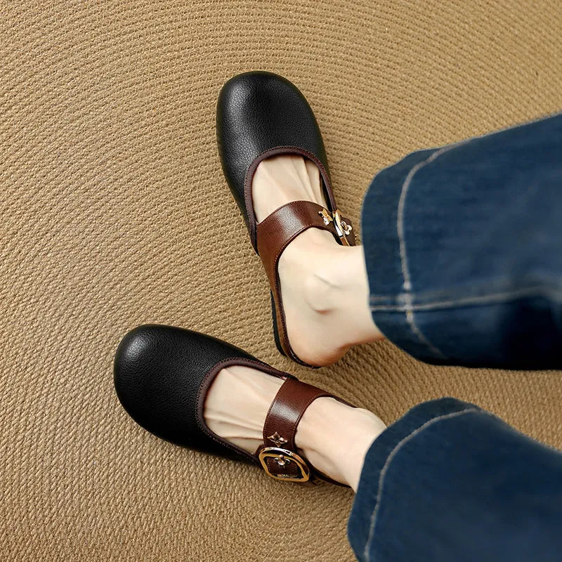 Women's Handmade Retro Leather Round Toe Comfortable Flat Mule Shoes