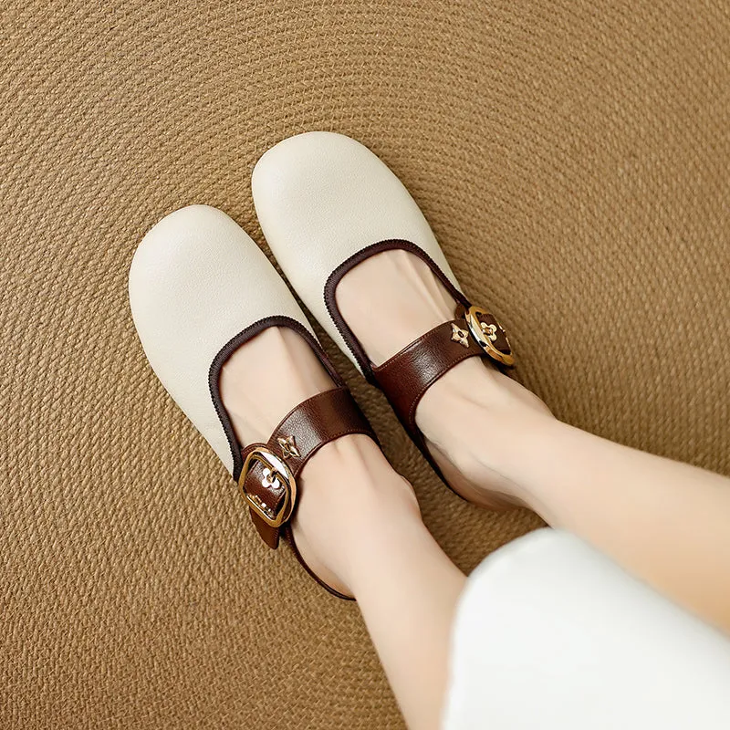 Women's Handmade Retro Leather Round Toe Comfortable Flat Mule Shoes