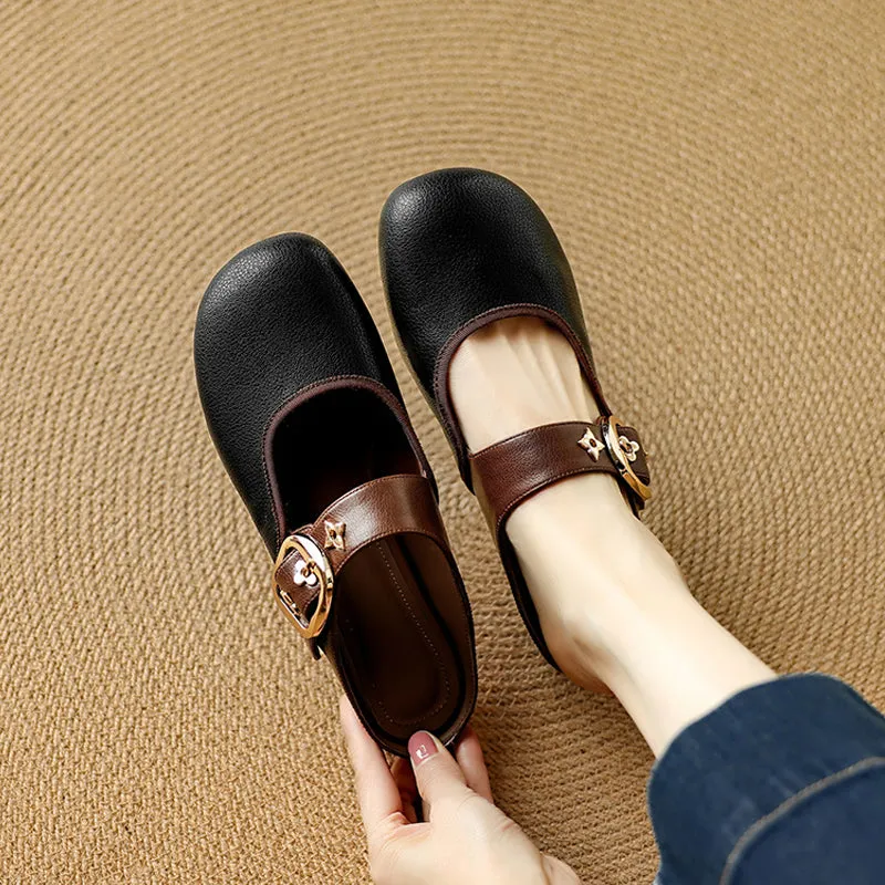 Women's Handmade Retro Leather Round Toe Comfortable Flat Mule Shoes