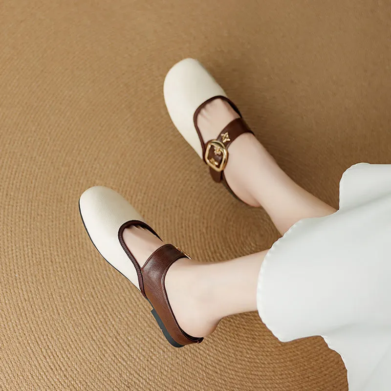 Women's Handmade Retro Leather Round Toe Comfortable Flat Mule Shoes