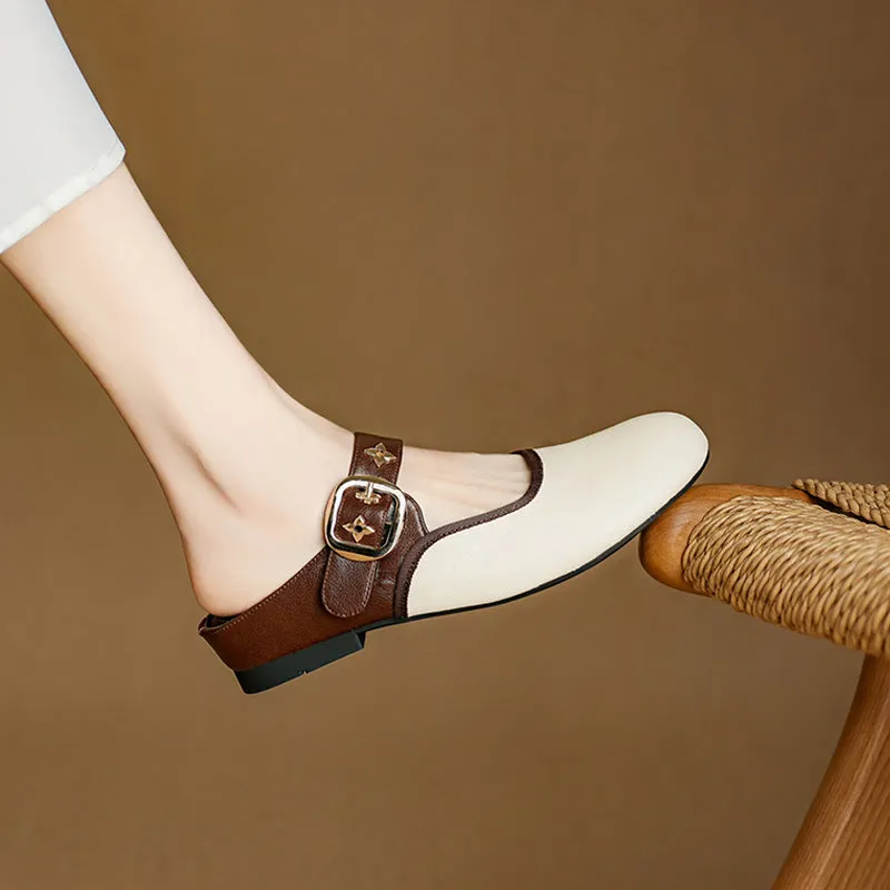 Women's Handmade Retro Leather Round Toe Comfortable Flat Mule Shoes