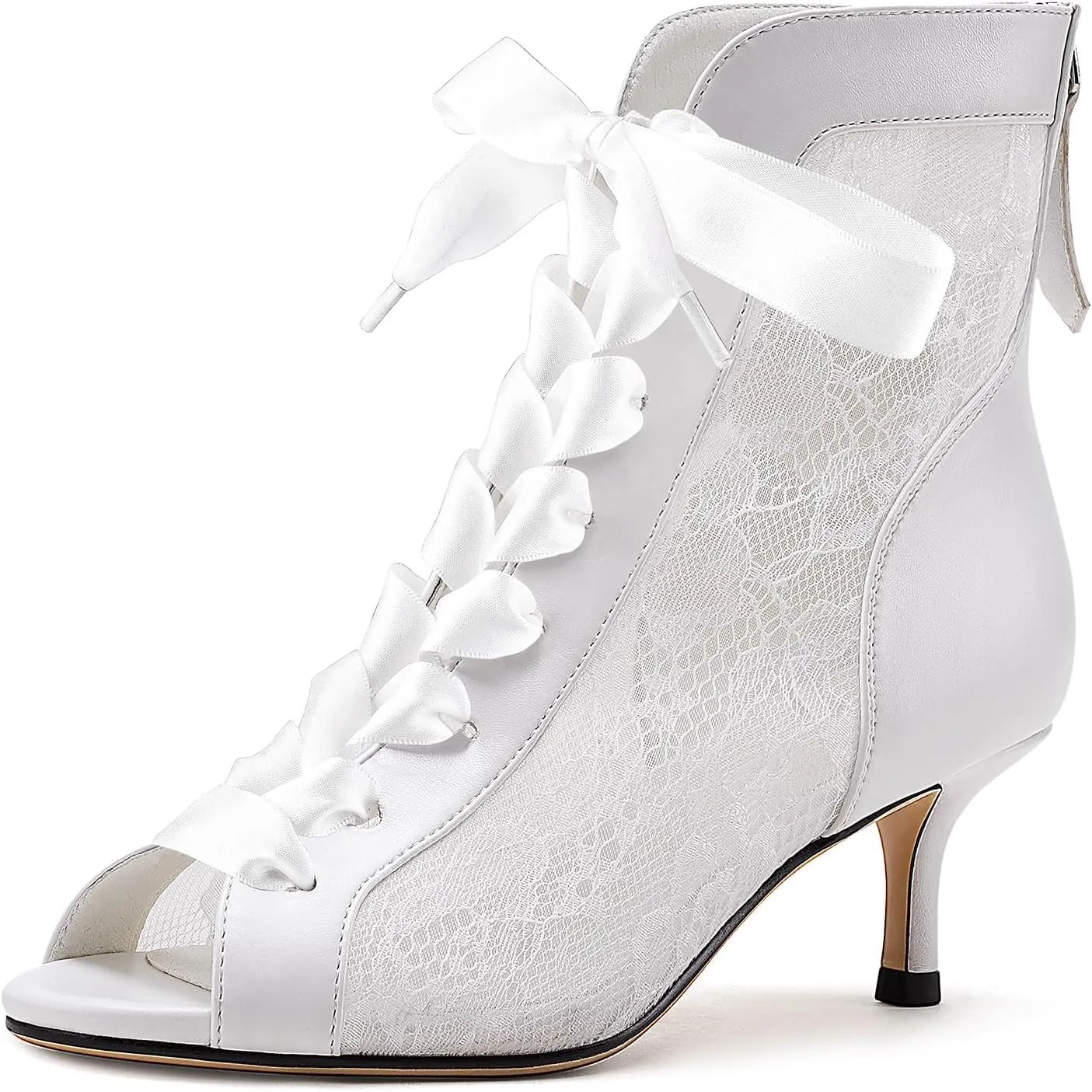 Women's Mesh Lace Booties Lace Up Ankle Boots Wedding Shoes Open Toe Kitten Heels Dressy Birthday Party
