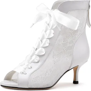 Women's Mesh Lace Booties Lace Up Ankle Boots Wedding Shoes Open Toe Kitten Heels Dressy Birthday Party