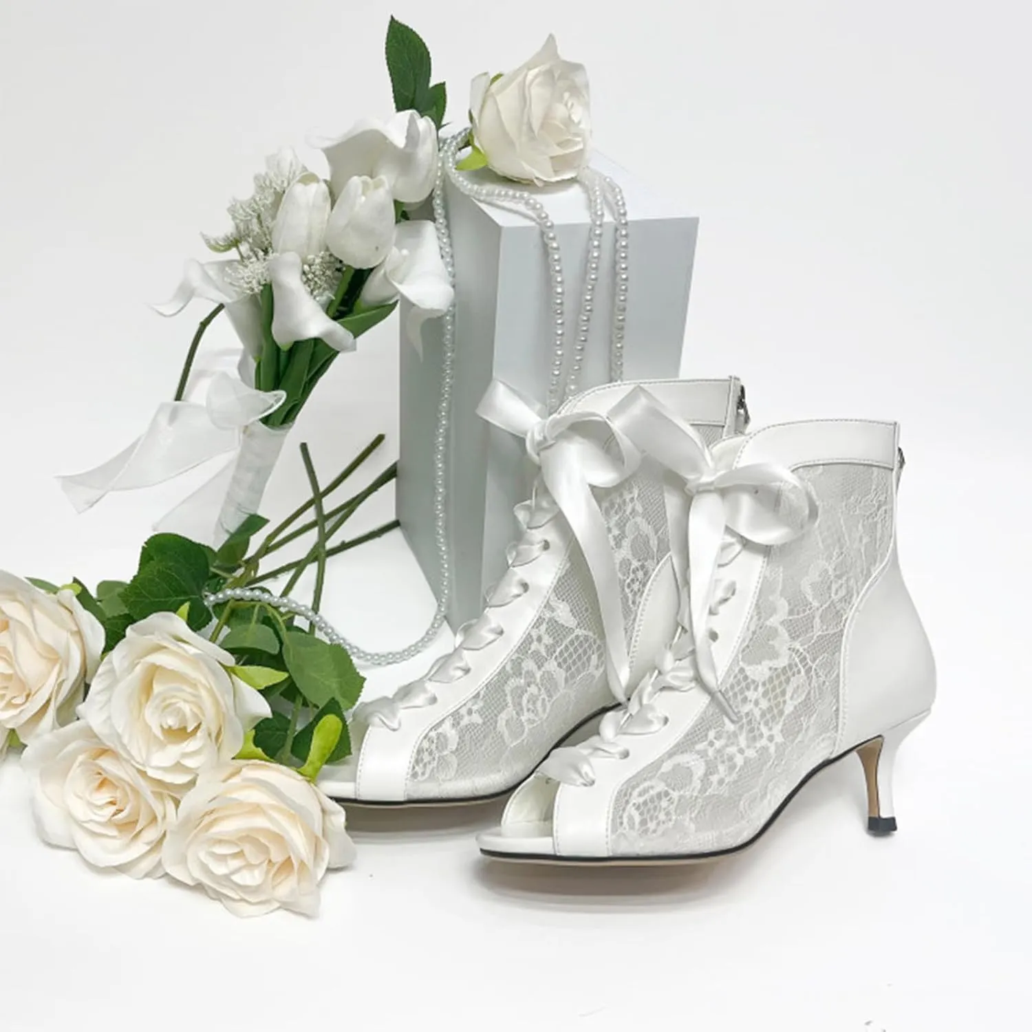 Women's Mesh Lace Booties Lace Up Ankle Boots Wedding Shoes Open Toe Kitten Heels Dressy Birthday Party