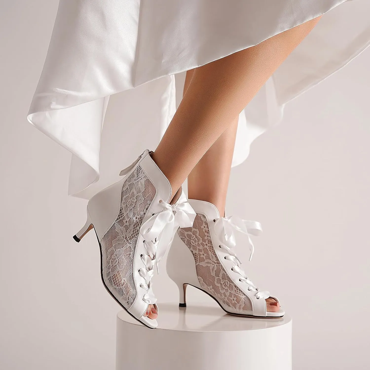 Women's Mesh Lace Booties Lace Up Ankle Boots Wedding Shoes Open Toe Kitten Heels Dressy Birthday Party