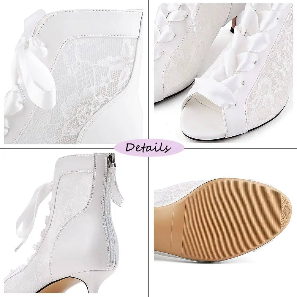 Women's Mesh Lace Booties Lace Up Ankle Boots Wedding Shoes Open Toe Kitten Heels Dressy Birthday Party