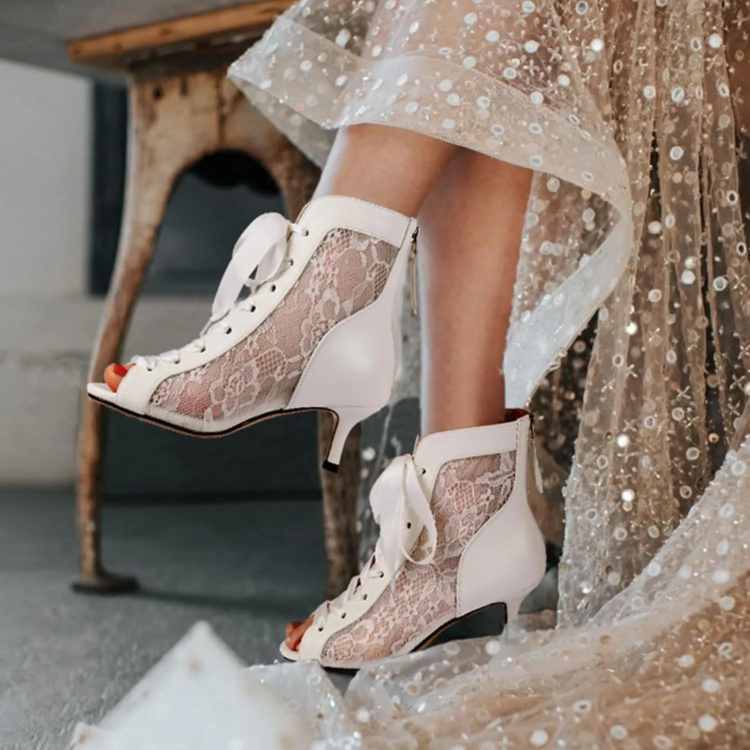 Women's Mesh Lace Booties Lace Up Ankle Boots Wedding Shoes Open Toe Kitten Heels Dressy Birthday Party