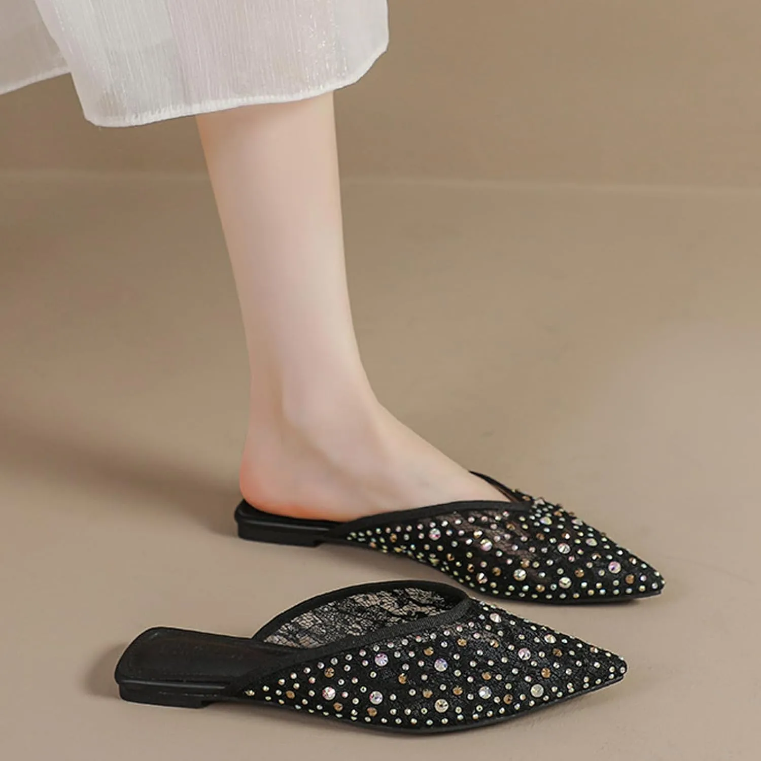 Women's Mesh Rhinestone Flat Mules Sexy Shiny Pointed Toe Breathable Slip-On Slingback Fishnet Ballerina Flats Causal Comfortable Daily Dress Shoes