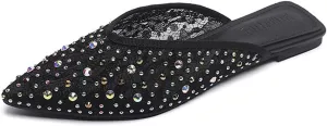 Women's Mesh Rhinestone Flat Mules Sexy Shiny Pointed Toe Breathable Slip-On Slingback Fishnet Ballerina Flats Causal Comfortable Daily Dress Shoes