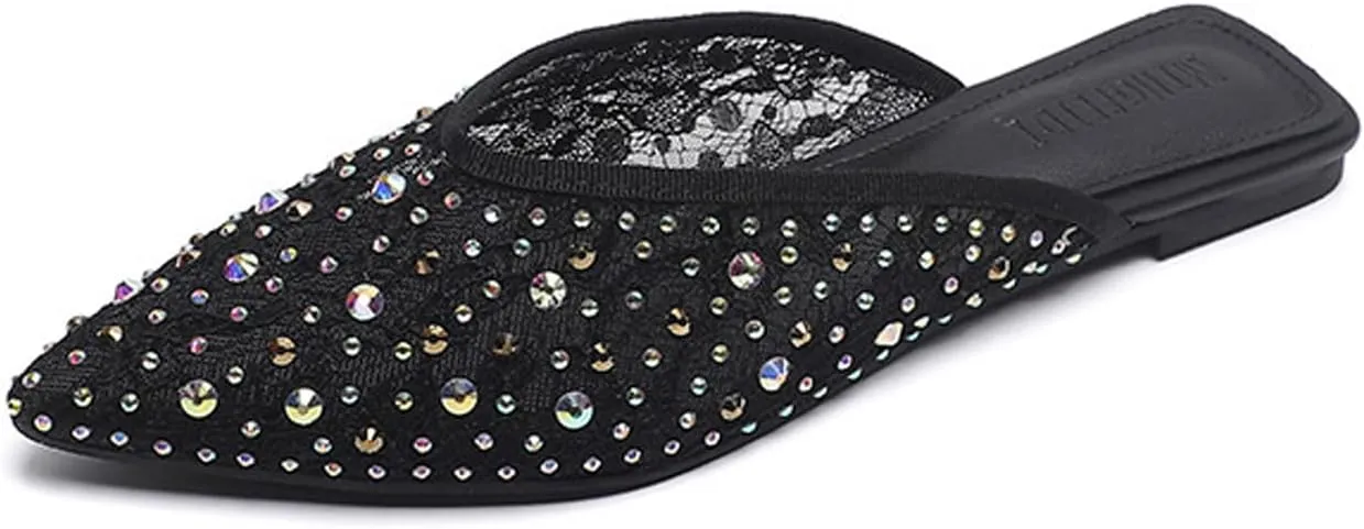 Women's Mesh Rhinestone Flat Mules Sexy Shiny Pointed Toe Breathable Slip-On Slingback Fishnet Ballerina Flats Causal Comfortable Daily Dress Shoes
