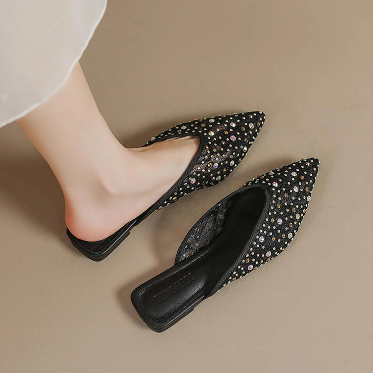 Women's Mesh Rhinestone Flat Mules Sexy Shiny Pointed Toe Breathable Slip-On Slingback Fishnet Ballerina Flats Causal Comfortable Daily Dress Shoes