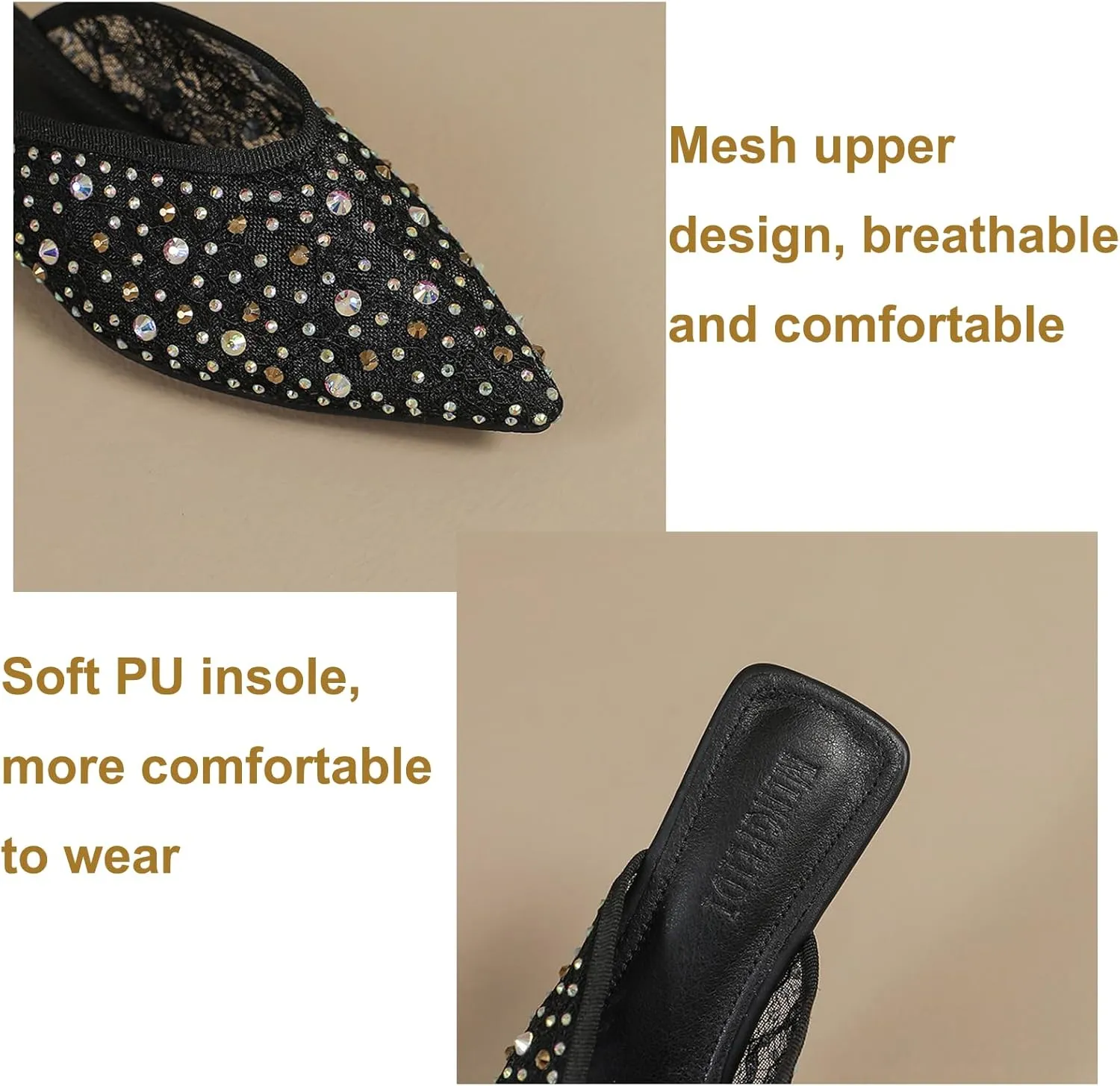 Women's Mesh Rhinestone Flat Mules Sexy Shiny Pointed Toe Breathable Slip-On Slingback Fishnet Ballerina Flats Causal Comfortable Daily Dress Shoes