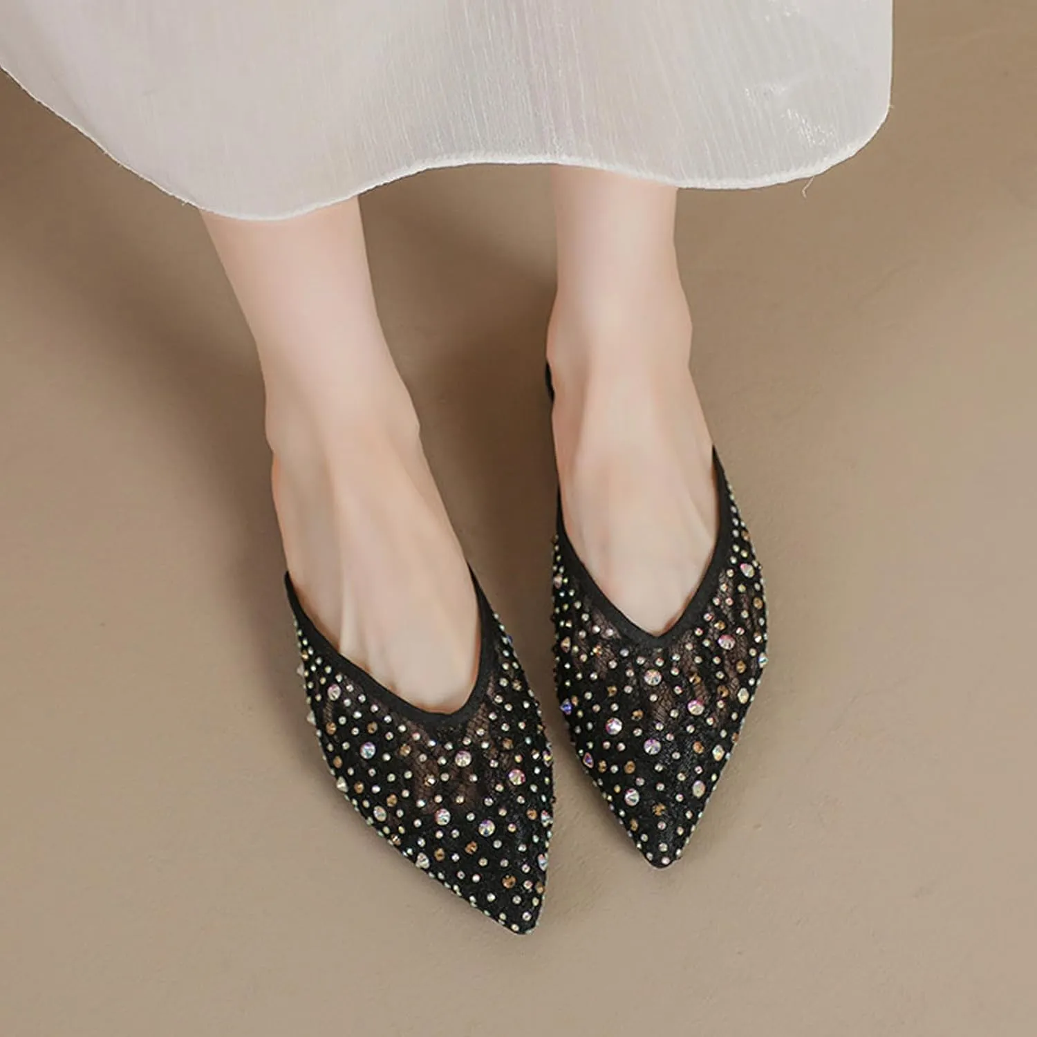 Women's Mesh Rhinestone Flat Mules Sexy Shiny Pointed Toe Breathable Slip-On Slingback Fishnet Ballerina Flats Causal Comfortable Daily Dress Shoes