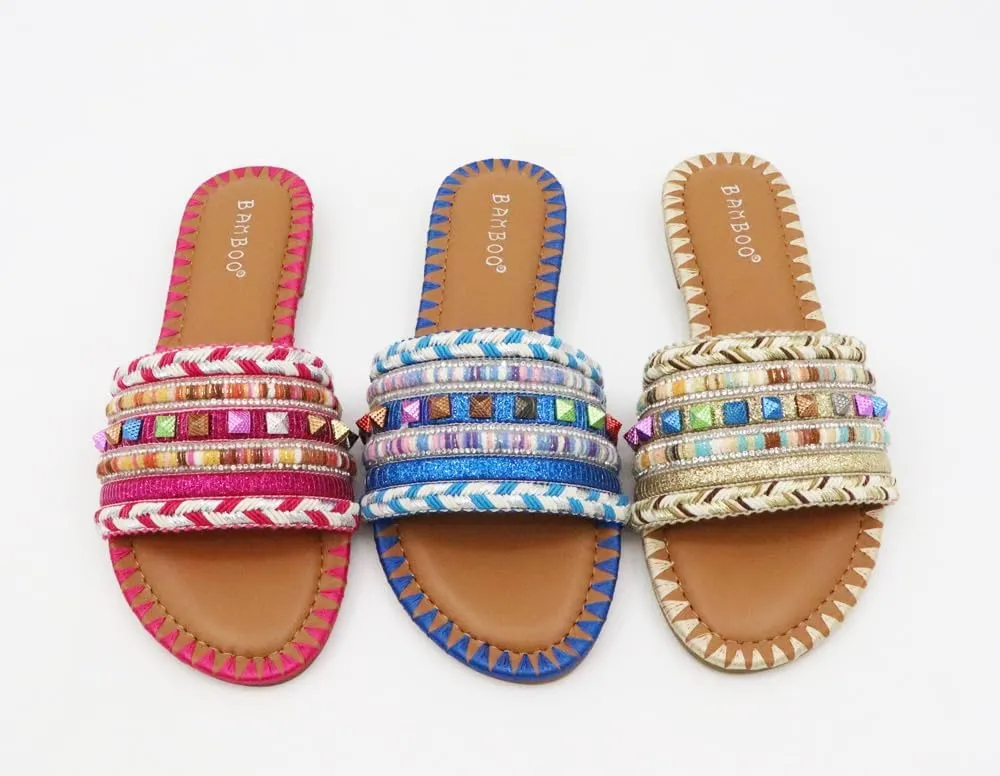 Womens Open Round Toe Beaded Slides Flat Sandal Flare-01