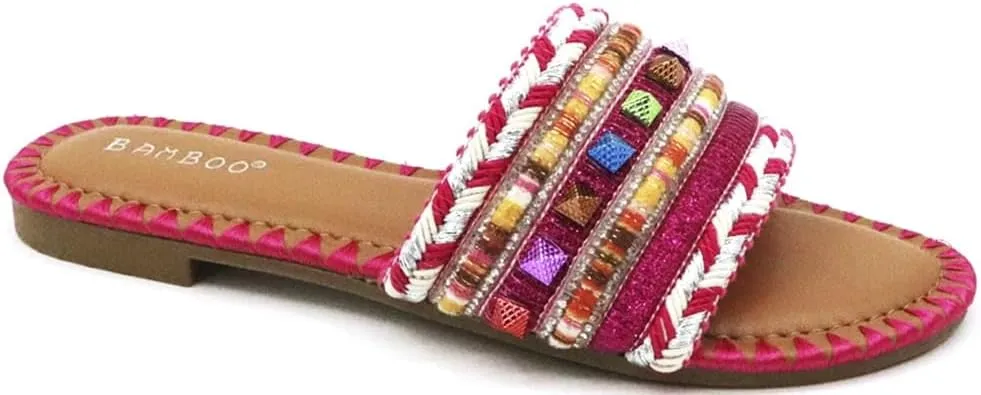 Womens Open Round Toe Beaded Slides Flat Sandal Flare-01