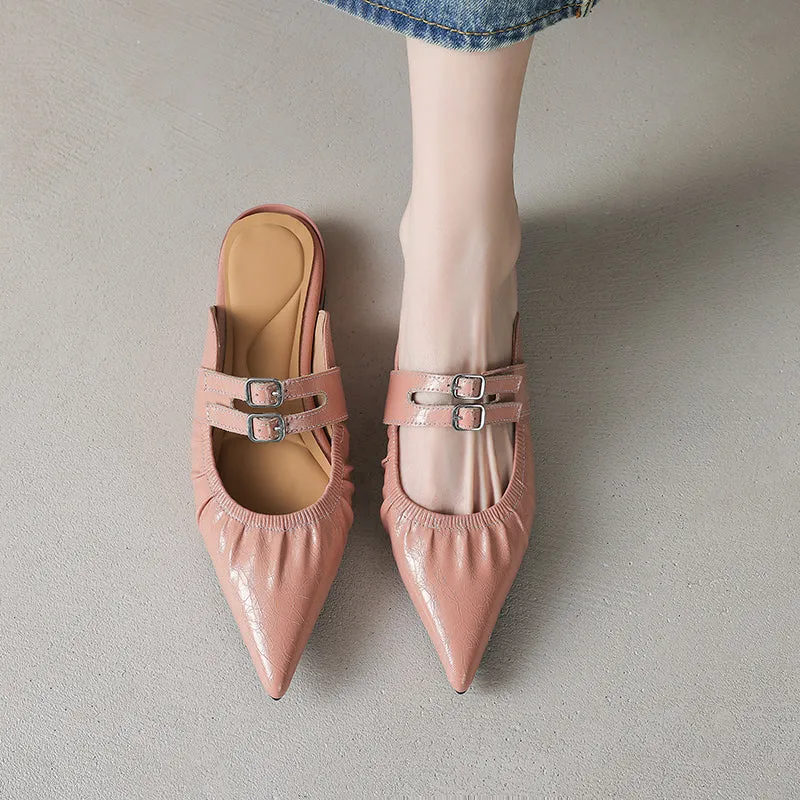 Womens Pointed Toe Stylish Double Buckle Sheepskin Low Heel Mule Shoes