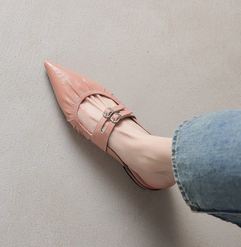 Womens Pointed Toe Stylish Double Buckle Sheepskin Low Heel Mule Shoes