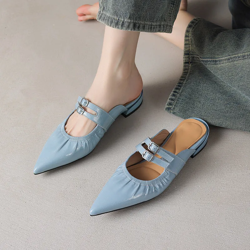 Womens Pointed Toe Stylish Double Buckle Sheepskin Low Heel Mule Shoes