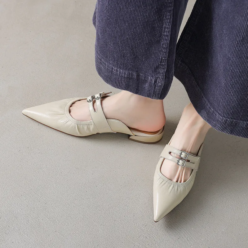 Womens Pointed Toe Stylish Double Buckle Sheepskin Low Heel Mule Shoes