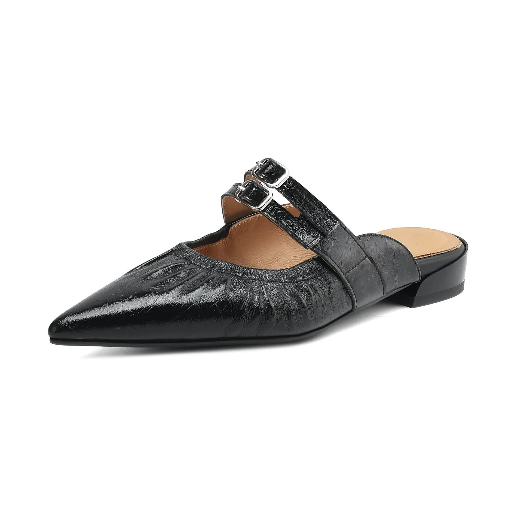 Womens Pointed Toe Stylish Double Buckle Sheepskin Low Heel Mule Shoes