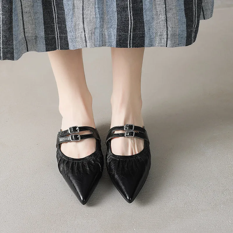 Womens Pointed Toe Stylish Double Buckle Sheepskin Low Heel Mule Shoes