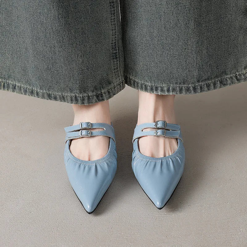 Womens Pointed Toe Stylish Double Buckle Sheepskin Low Heel Mule Shoes