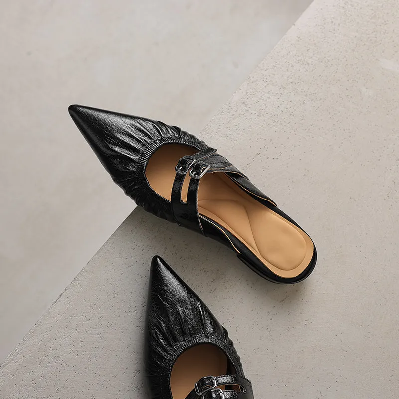 Womens Pointed Toe Stylish Double Buckle Sheepskin Low Heel Mule Shoes