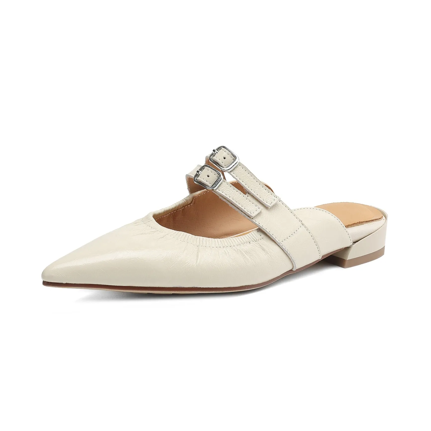 Womens Pointed Toe Stylish Double Buckle Sheepskin Low Heel Mule Shoes