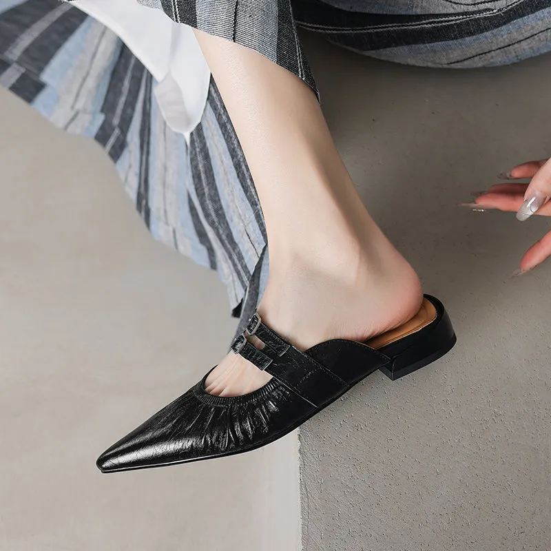 Womens Pointed Toe Stylish Double Buckle Sheepskin Low Heel Mule Shoes