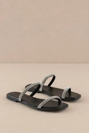 Women's Rhinestone Flip Flops Fashion Cute Satin Sandals Black Slides Open toe Shoes