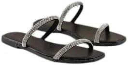Women's Rhinestone Flip Flops Fashion Cute Satin Sandals Black Slides Open toe Shoes