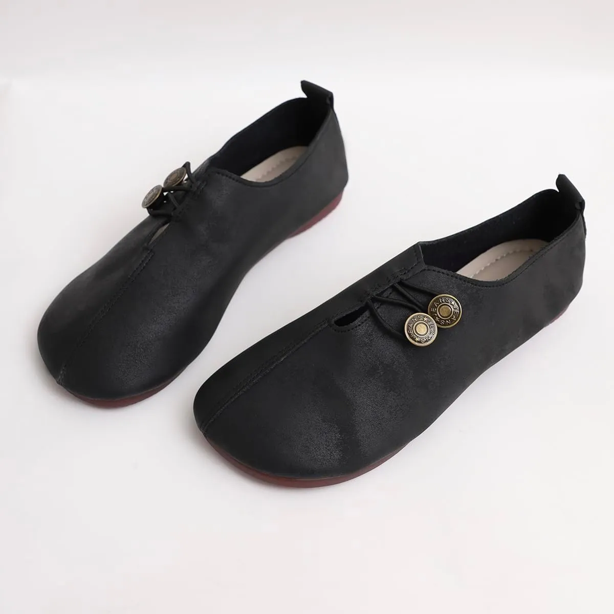 Women's Shoes - Khaki Flat Shoes with Button Detail for Everyday Elegance