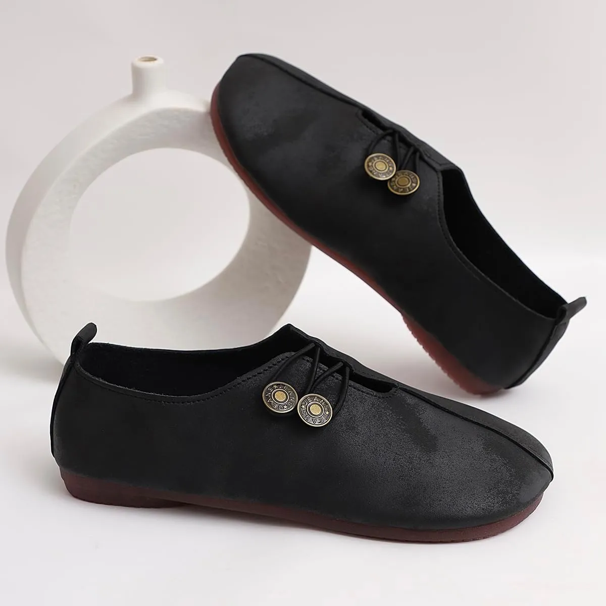 Women's Shoes - Khaki Flat Shoes with Button Detail for Everyday Elegance