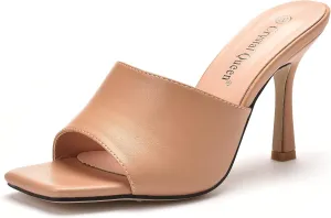 Women's Square Open Toe Heeled Sandals Slippers White Stiletto Heels Sandals Fashion Casual Peep Toe Slippers Slip On Mule Slide Sandal
