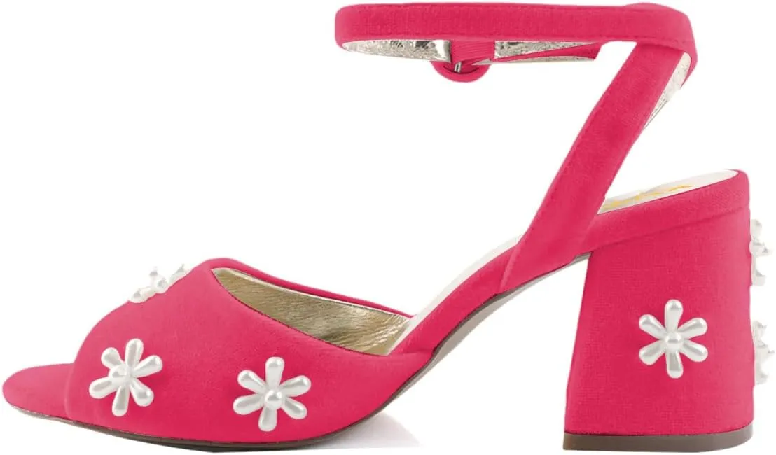 XYD Women Peep Toe Velvet Sandals Bloom Pearl Flower Ankle Strap Chunky Block Heel Wedding Bridal Shoes