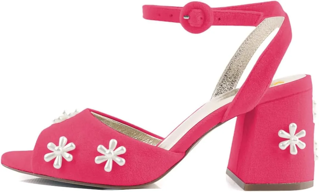 XYD Women Peep Toe Velvet Sandals Bloom Pearl Flower Ankle Strap Chunky Block Heel Wedding Bridal Shoes