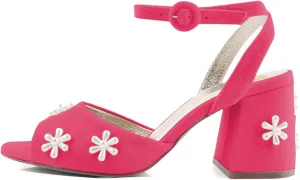 XYD Women Peep Toe Velvet Sandals Bloom Pearl Flower Ankle Strap Chunky Block Heel Wedding Bridal Shoes