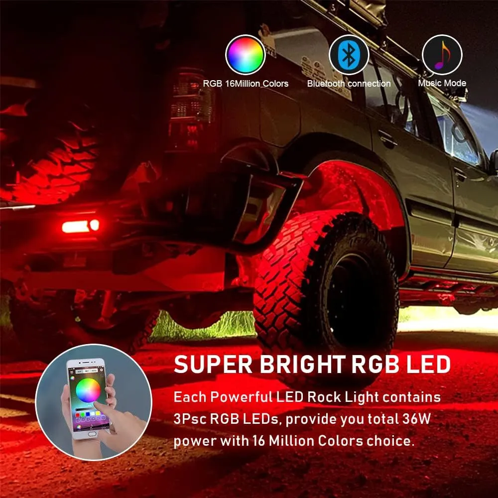 YCHOW-TECH RGB LED Rock Lights Kit, 6 Pods Wireless IP68 Waterproof Multicolor Wheel Well Underglow Neon Light with Bluetooth App Control, Flashing Music Mode for Truck, ATV, UTV, RZR, SUV