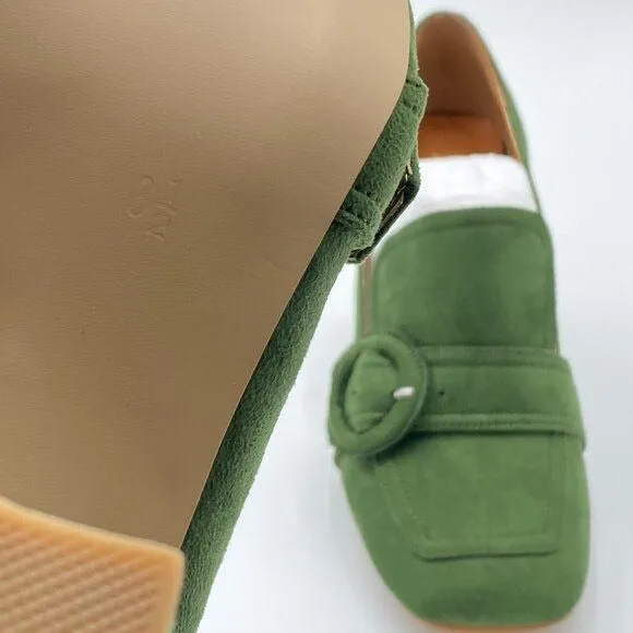 YDN Olive Chunky High Heels Square Toe Loafer Shoes Slip On Suede Buckle Pump